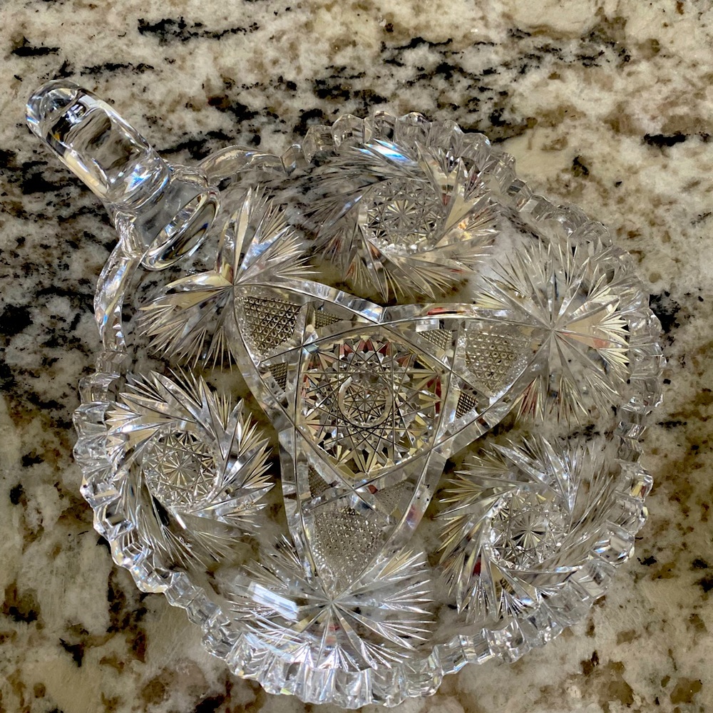 ABP American Brilliant Cut Clear Lead Crystal Round Handled Nappy